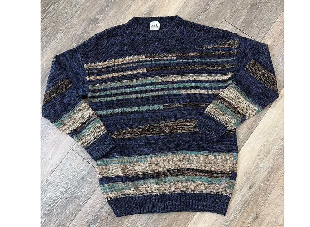 Zara Knit Sweater Mens M Blue Striped Marled Crewneck Pullover